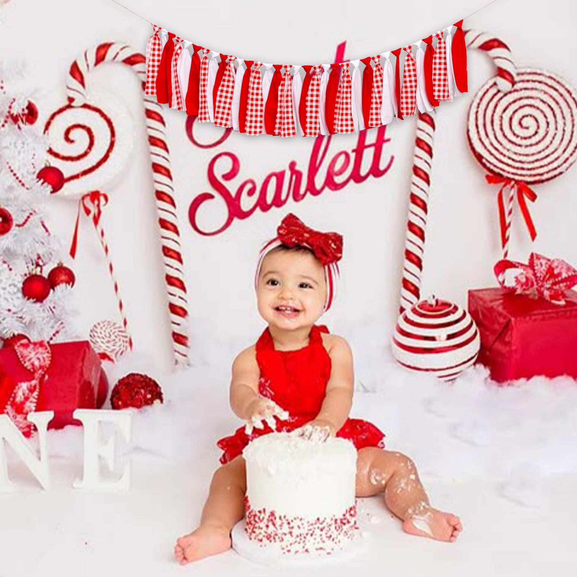 Raoformi Red and White Gingham Fabric Banner Checkered High Chair Banner