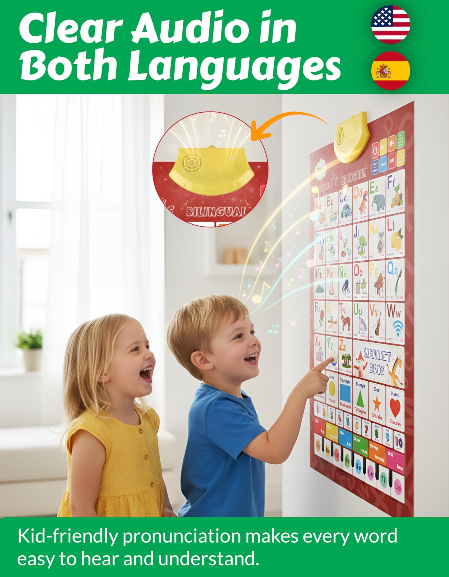 Bilingual English & Spanish Interactive Alphabet Wall Chart (2026 Model) - Talking ABC Letters, Numbers 123 & Music Learning Poster - Educational Toy