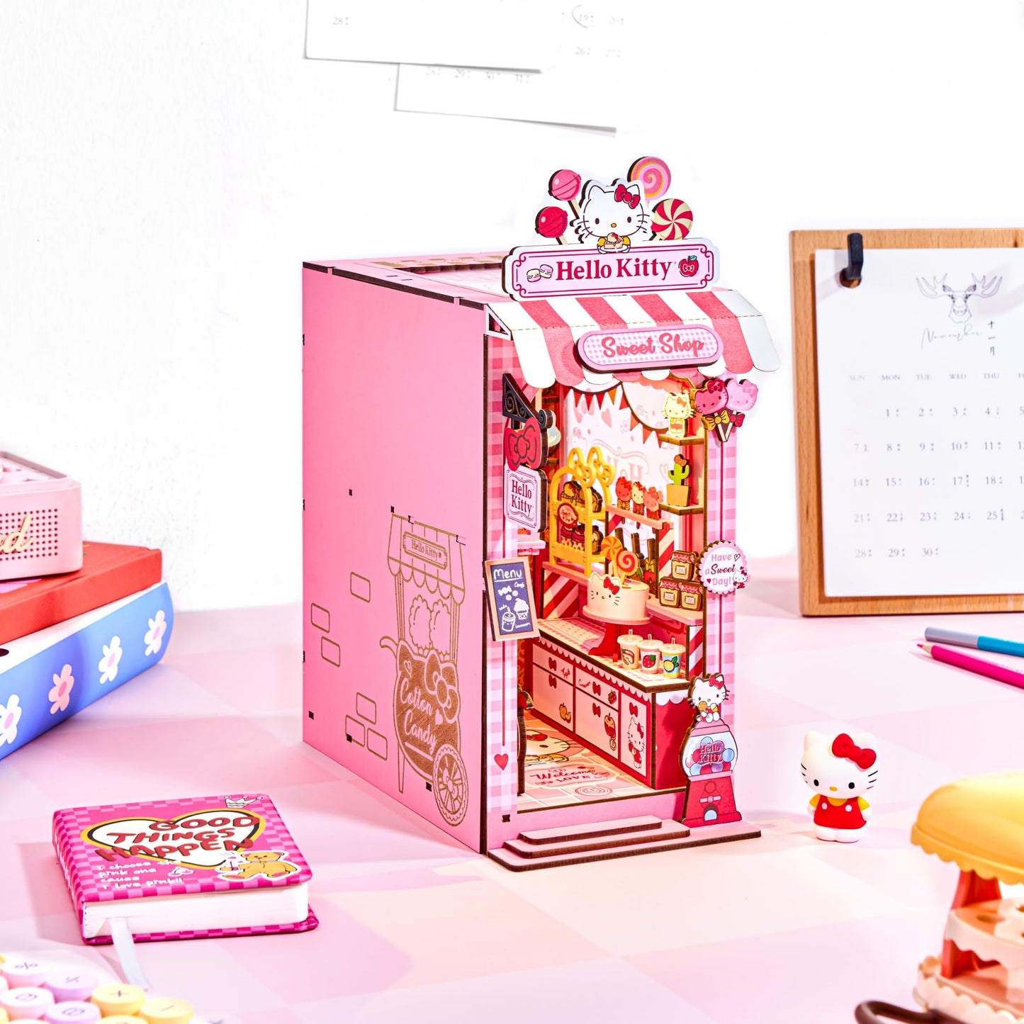 Hands Craft Hello Kitty Sweet Shop Book Nook Kit - Official Sanrio DIY Miniature Shelf Insert with Touch LED - 149-Piece 3D Puzzle for Adults & Teens