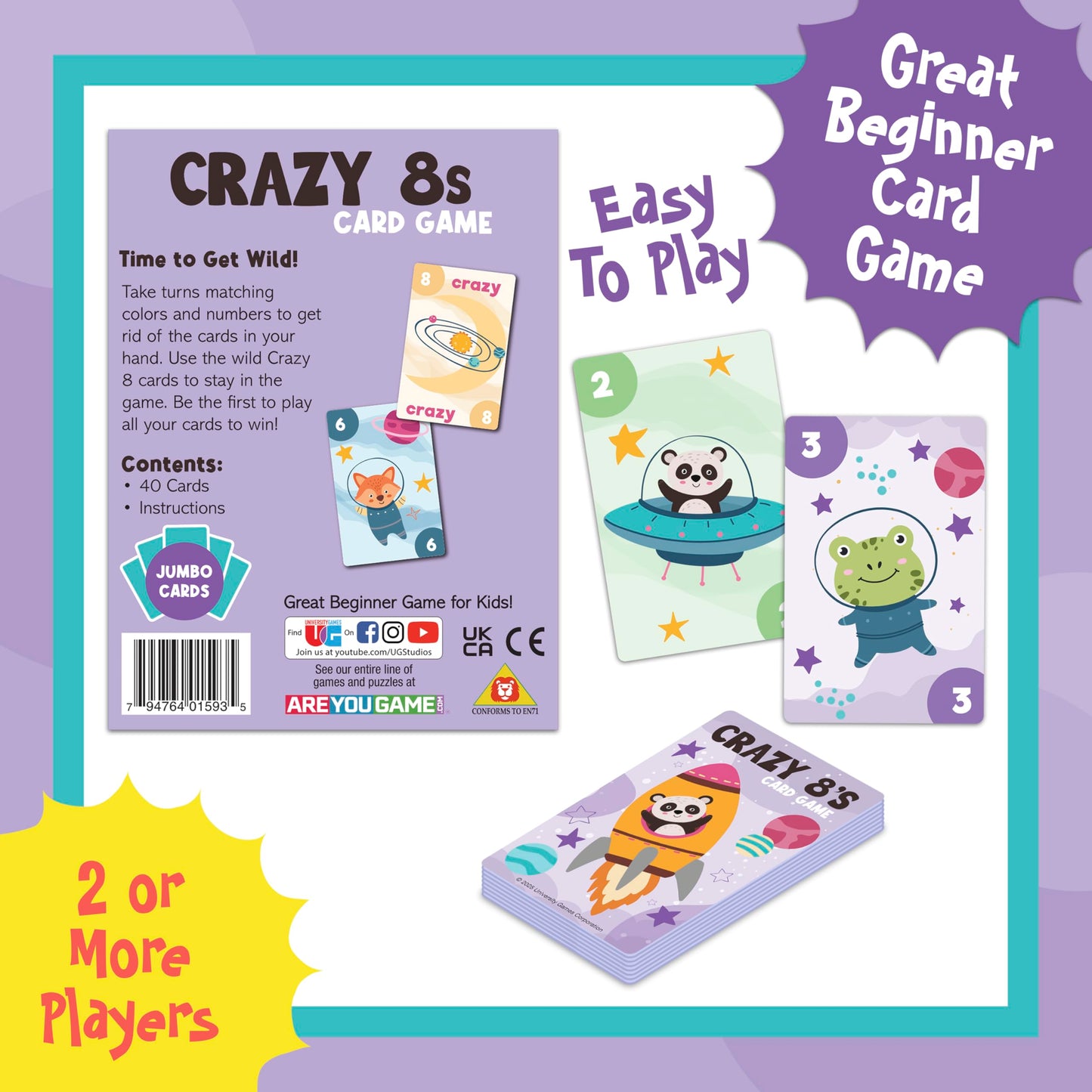 University Games Crazy 8s Card Game - Jumbo Size, Colorful Animal Cards for Kids Ages 4 and Up, Fun Family and Educational Game