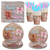 HrEtngiz 175PCS Boots or Bows Gender Reveal Party Decorations - Includes Paper Plates, Cups, Napkins, Spoons, Forks, and Knives, Western Theme Gender