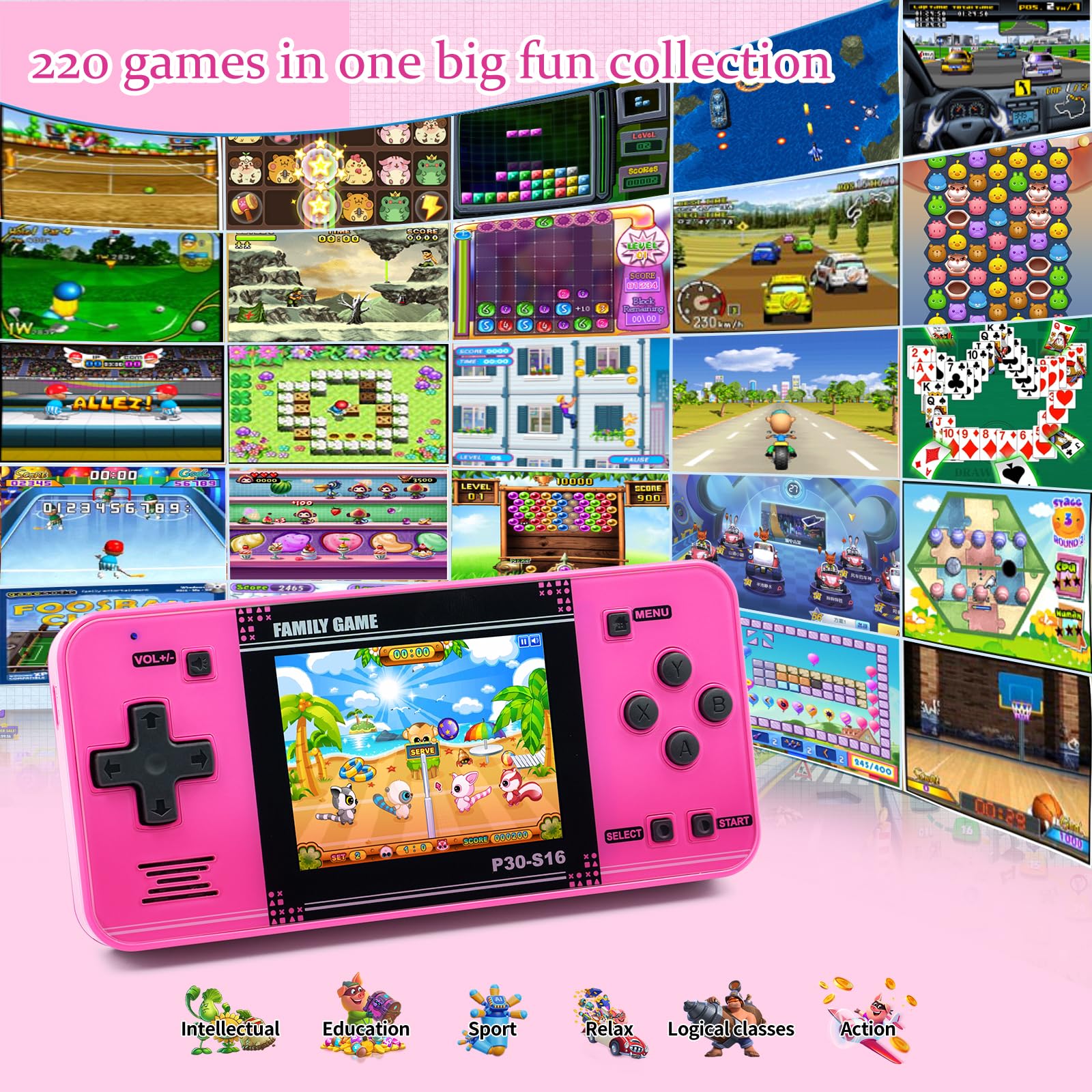Handheld Game for Kids -Preloaded 220 Retro Video Games, Portable Gaming Player with Rechargeable Battery 3.0" LCD Screen, Mini Arcade Electronic Toy