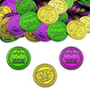 100 PCS Mardi Gras Coins Set-Assorted Green Purple Gold Mardi Gras Plastic Coins Set for Mardi Gras Theme Props Parade Table Decoration & Party Favors