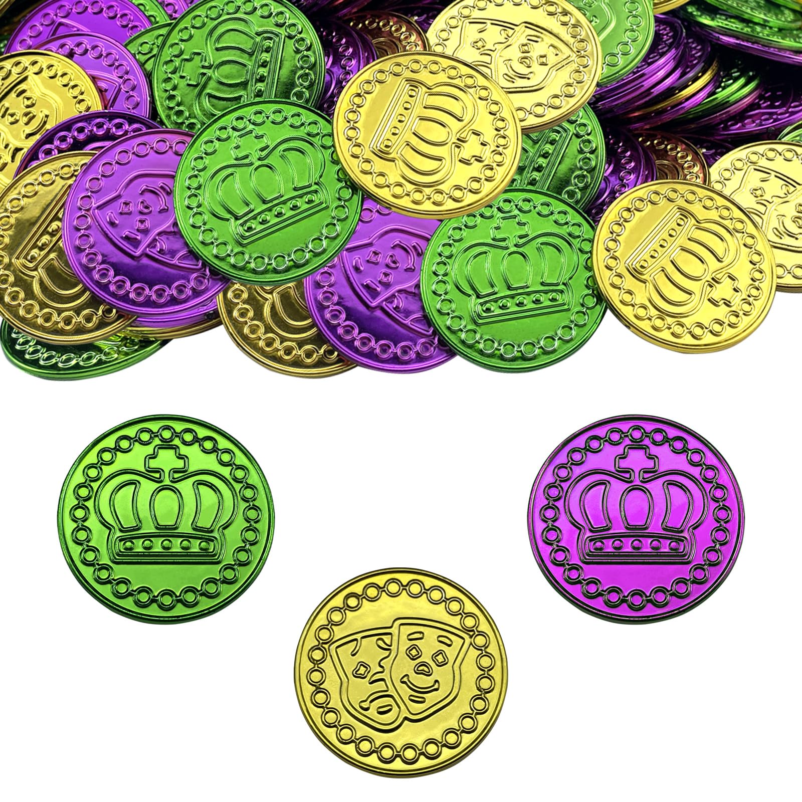 100 PCS Mardi Gras Coins Set-Assorted Green Purple Gold Mardi Gras Plastic Coins Set for Mardi Gras Theme Props Parade Table Decoration & Party Favors