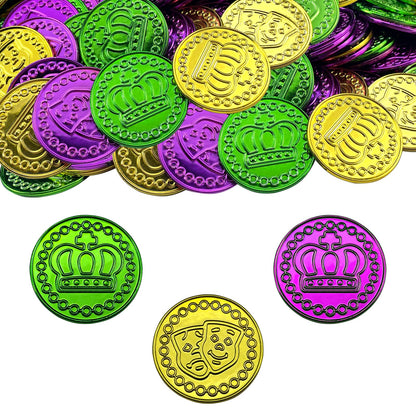 100 PCS Mardi Gras Coins Set-Assorted Green Purple Gold Mardi Gras Plastic Coins Set for Mardi Gras Theme Props Parade Table Decoration & Party Favors