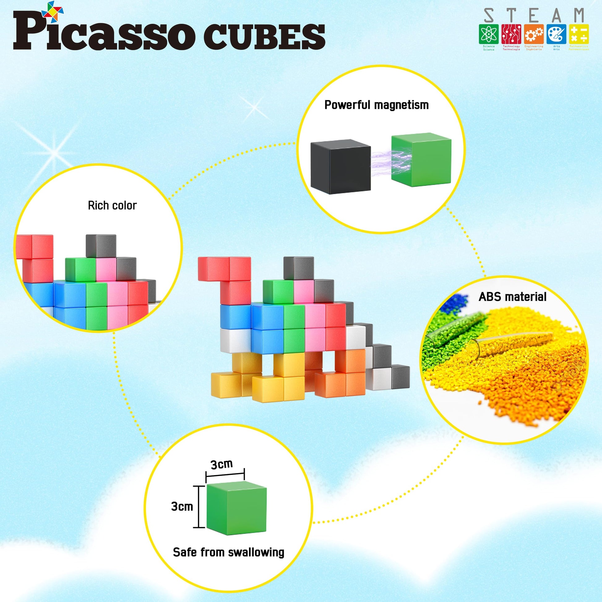 PicassoTiles Magnet Cube Building Blocks 1.2" 3CM Magnetic Cubes Toy Construction Building Educational Sensory Toys with Idea Booklet for School