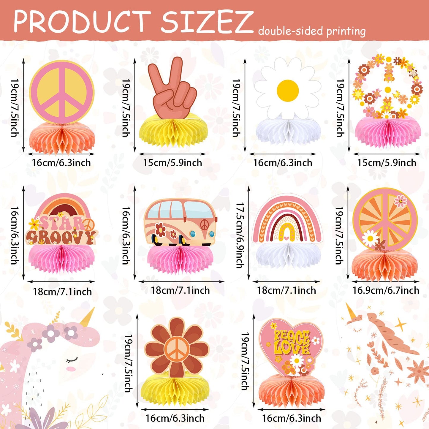 10 Pieces Two Groovy Party Decorations Groovy Retro Hippie Boho Party Honeycomb Centerpieces Table Toppers Double Sided Rainbow Daisy Flower