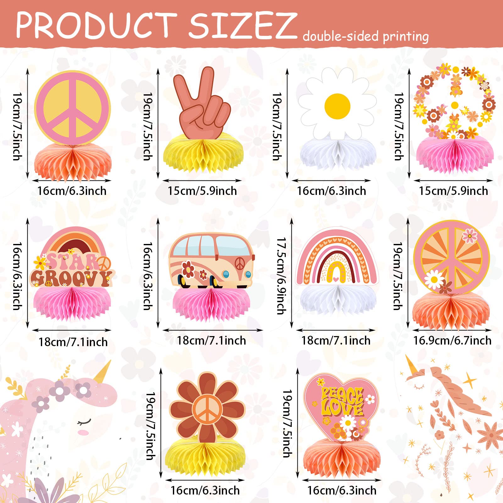 10 Pieces Two Groovy Party Decorations Groovy Retro Hippie Boho Party Honeycomb Centerpieces Table Toppers Double Sided Rainbow Daisy Flower