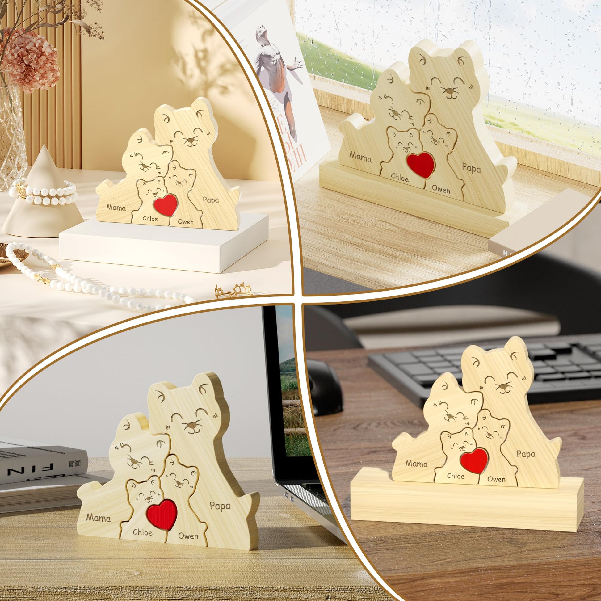 Personalized Wooden Cat Family Puzzle with 2-5 Name, Laser Engraving Custom Cats Family Member Names Puzzle Home Gifts, Christmas Housewarming Home