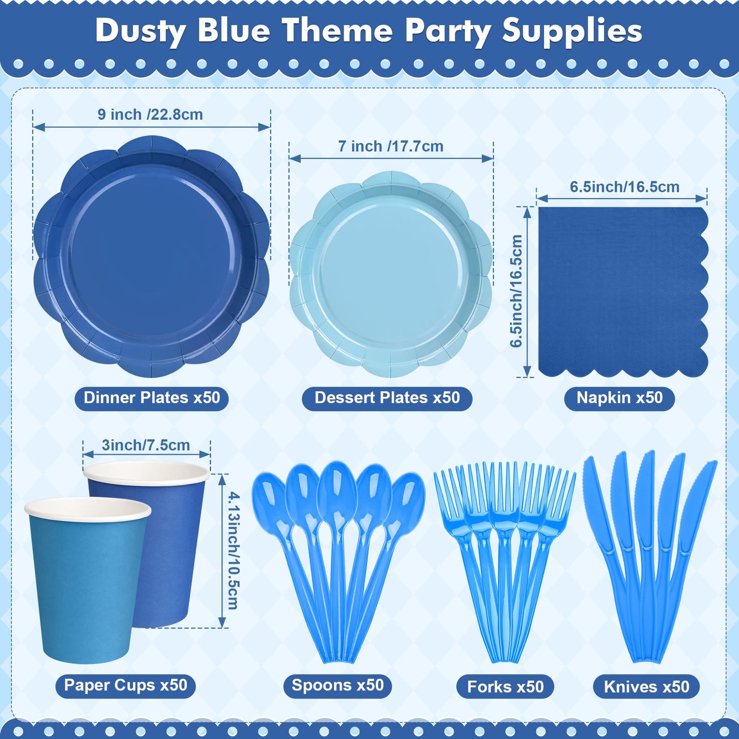 ZUQMZUQ 350 Pcs Blue Party Supplies Set - Blue Paper Plates and Napkins Set Include Gradient Blue Scalloped Paper Plate Napkin Cup Spoon Fork Knife