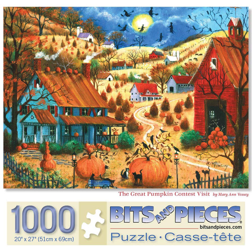 Bits and Pieces - 1000 Piece Jigsaw Puzzle for Adults - The Great Pumpkin Contest Visit - Jigsaw Puzzle Fall Autumn Country Farm Halloween Witch Moon
