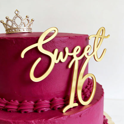 Sweet 16 Cake Topper,Gold Acrylic,Happy Sweet Sixteen Cake Decor,Sweet 16th Party Cake Decorations for Girl,Cheers to 16 Years,Numbers 16 Theme