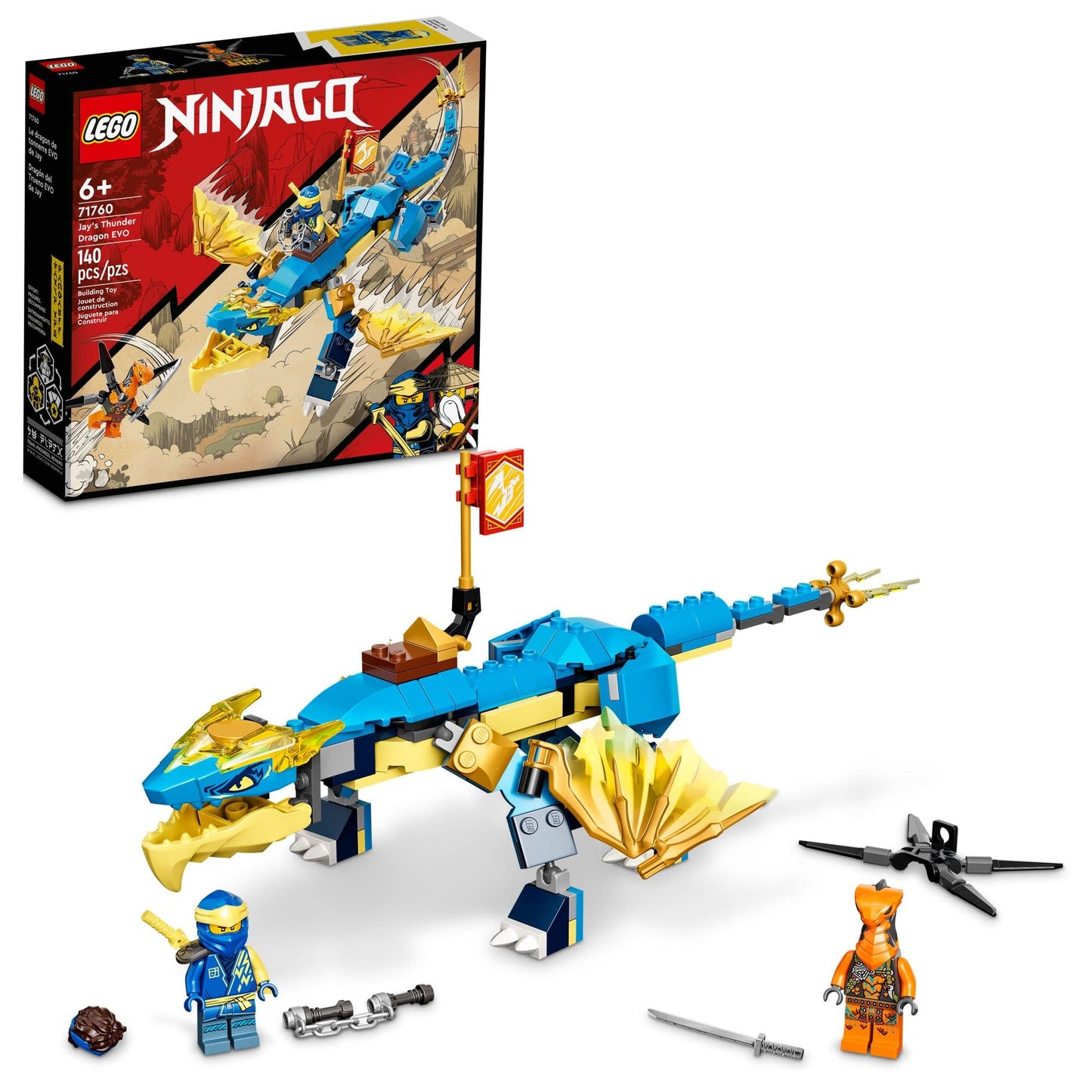 LEGO NINJAGO Jay’s Thunder Dragon EVO 71760 - Toy Figure and Viper Snake Set with Minifigures, Collectible Speed Mission Banner, Ninja Battle