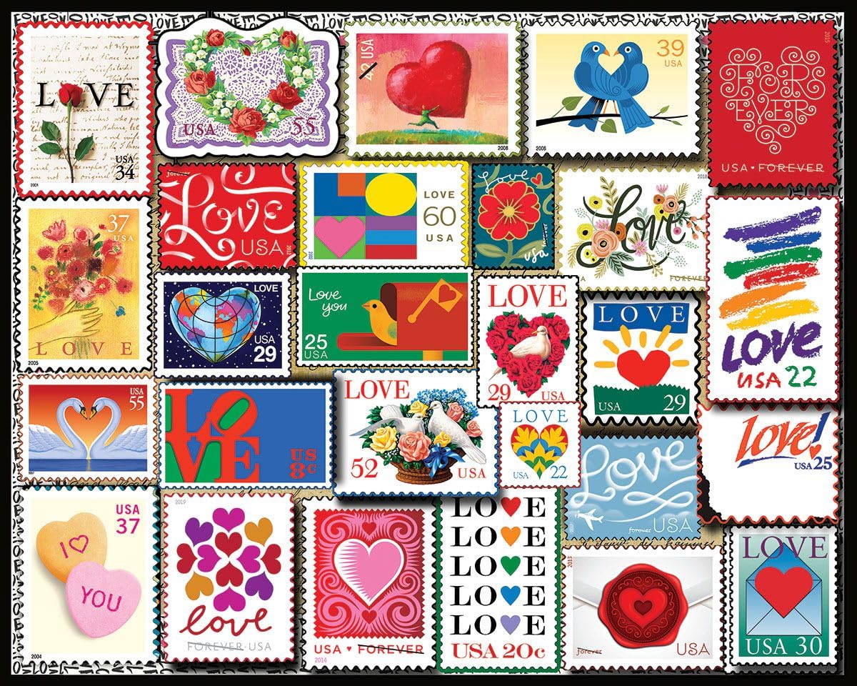 White Mountain 1000 Piece Jigsaw Puzzle Valentines Collage, Love Stamps