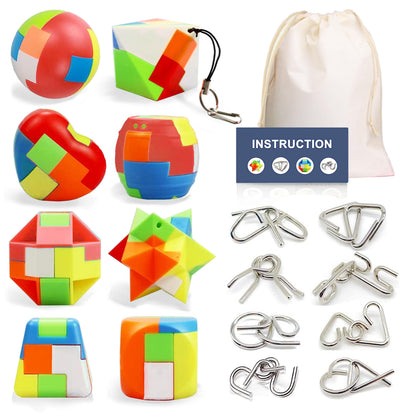 16 Pack Brain Teasers Puzzles for Kids & Adults, Brain Teasers Metal IQ Toys Puzzle Mind Game 3D Coil Cast Wire Unlock Interlock Magic Ball Puzzles