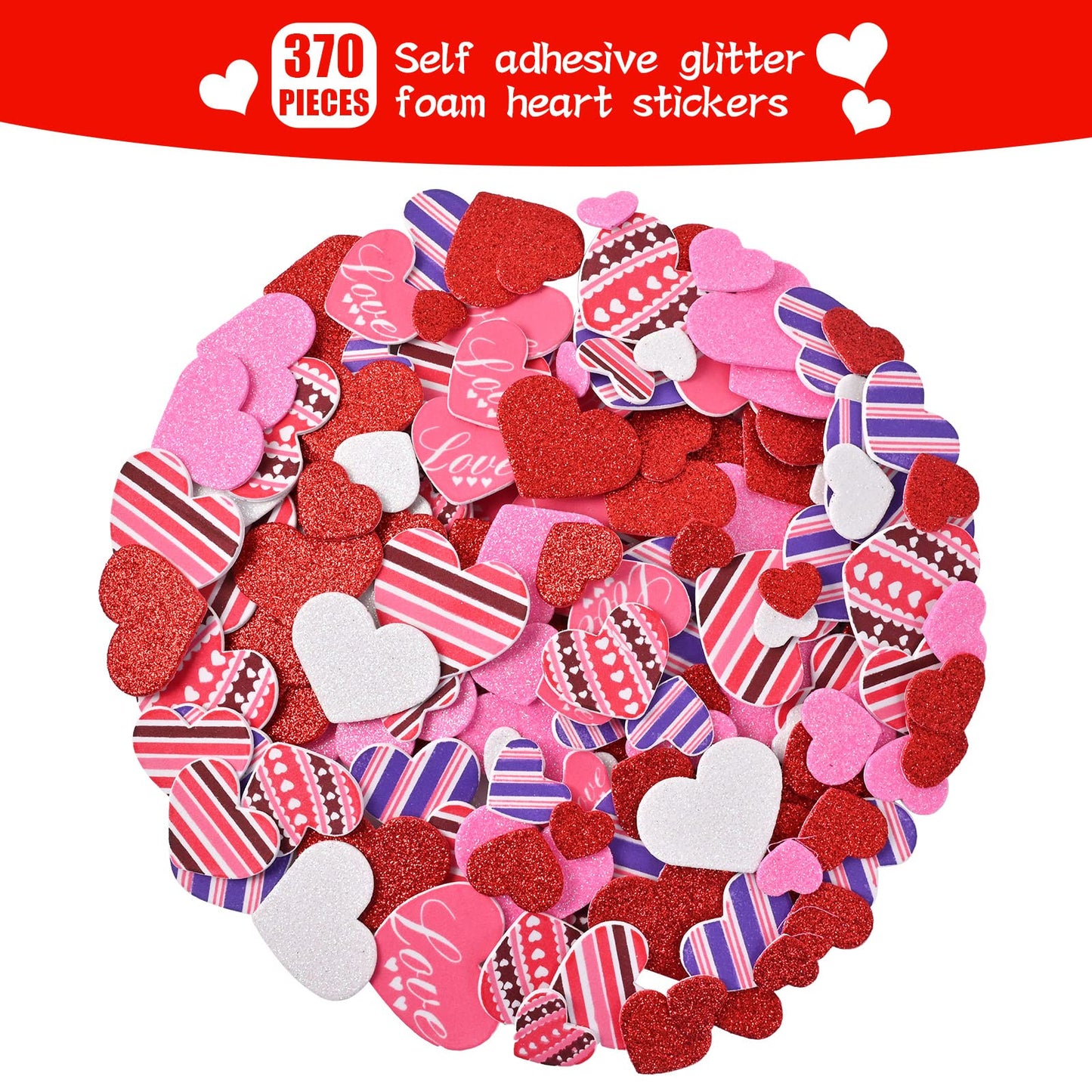 388 Pieces Valentine's Day Foam Heart Stickers Kit Includes 18 Pcs Colorful Large Foam Hearts and 370 Pcs Glitter Self-Adhesive Heart Stickers