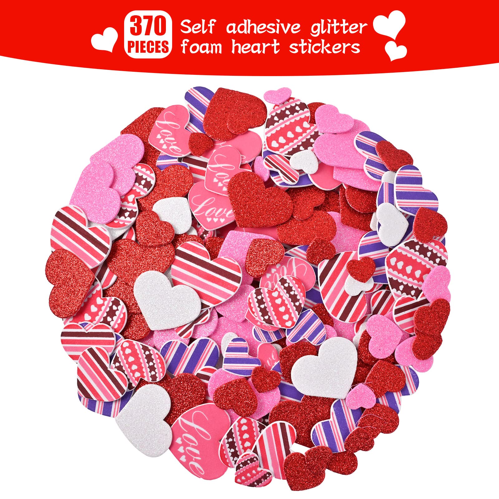 388 Pieces Valentine's Day Foam Heart Stickers Kit Includes 18 Pcs Colorful Large Foam Hearts and 370 Pcs Glitter Self-Adhesive Heart Stickers