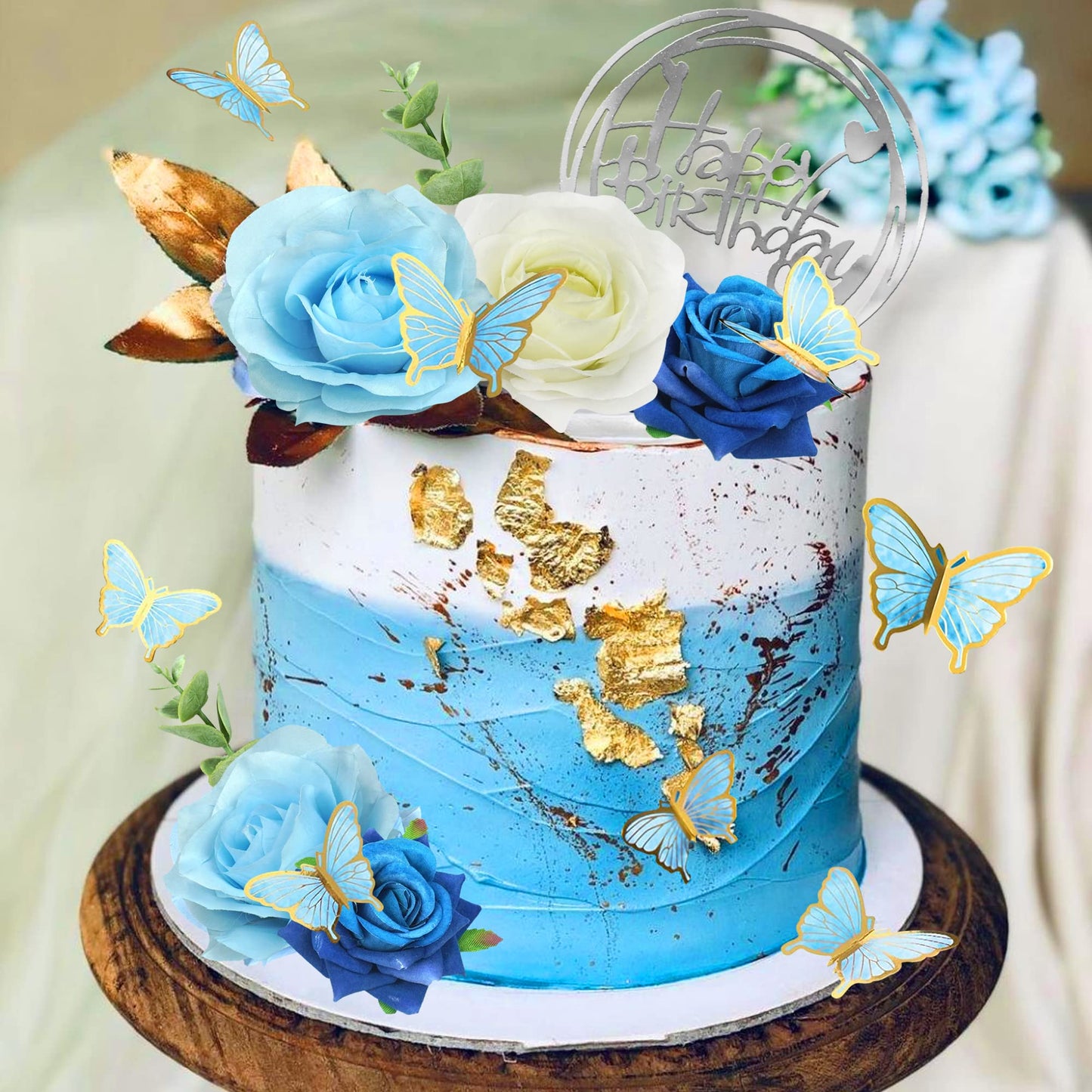 19 PCS Flower Cake Toppers Butterfly Happy Birthday Cake Decorations with Artificial Blue Rose Flowers Eucalyptus Butterflies for Party Wedding Baby