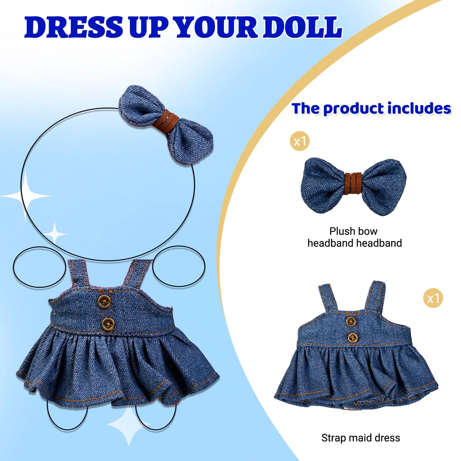 2PCS Doll Clothes Set Denim Overalls Skirt and Striped Shirt Outfit for 15 16 17cm 4 Inch Blind Box Dolls