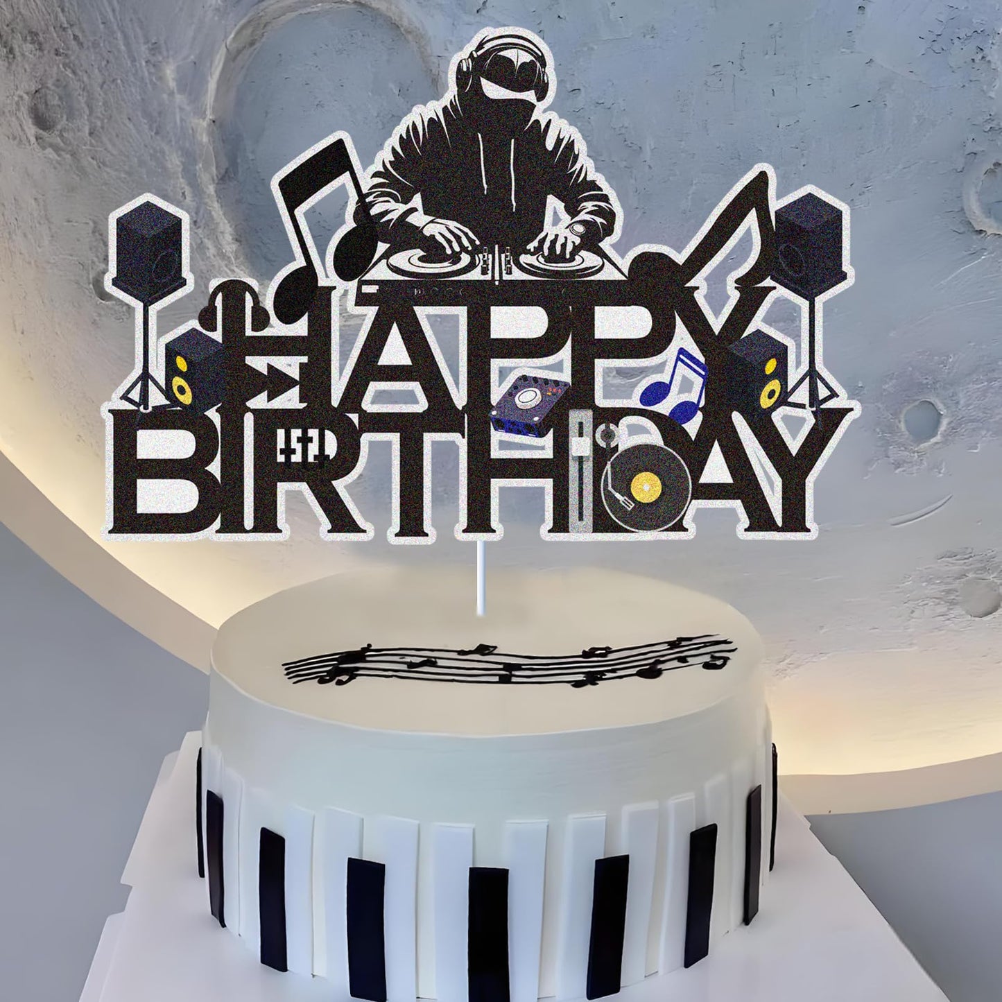 Dj Disco Happy Birthday Cake Topper Music Rock Disco Hip Hop Black Glitter Cake Decoration Carnival party Dj Disco Unisex adult Theme Birthday Party