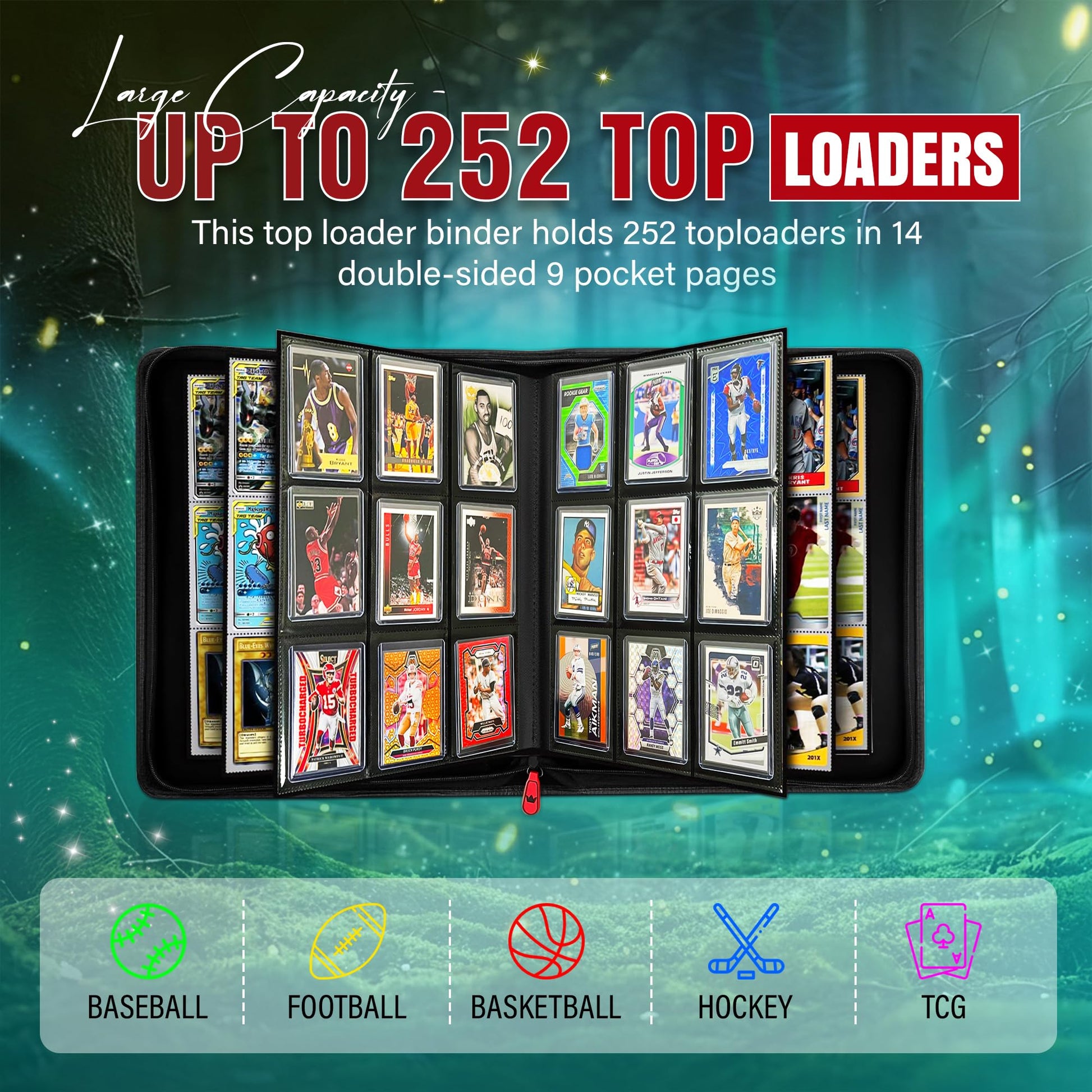 KINGLGX Top Loader Binder - Includes 9 Card KINGLGX Booster Pack - 1 Guaranteed Holo, Holds 252 Toploaders, Rigid 9-Pocket Pages, Premium Zippered