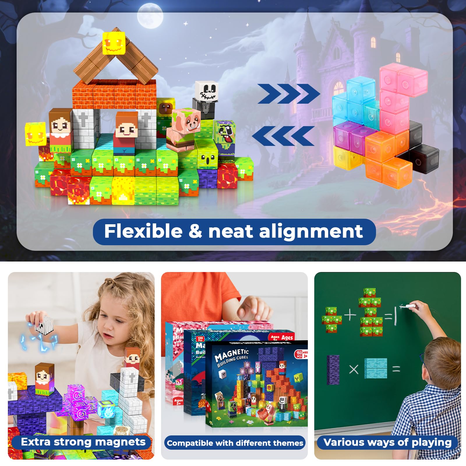 Magnetic Blocks with Light up Blocks -150PCS Magnetic Blocks for Kids Ages 4 5 6 7 8+, Magnetic Building Blocks for Kids Light up, Magnet Blocks