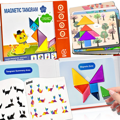 Magnetic Tangram Puzzles for Kid with 368 Patterns Booklet & 30 Theme Pages & Metal Board, Tangrams for Kids Ages 4-8 with Portable Box, Magnetic