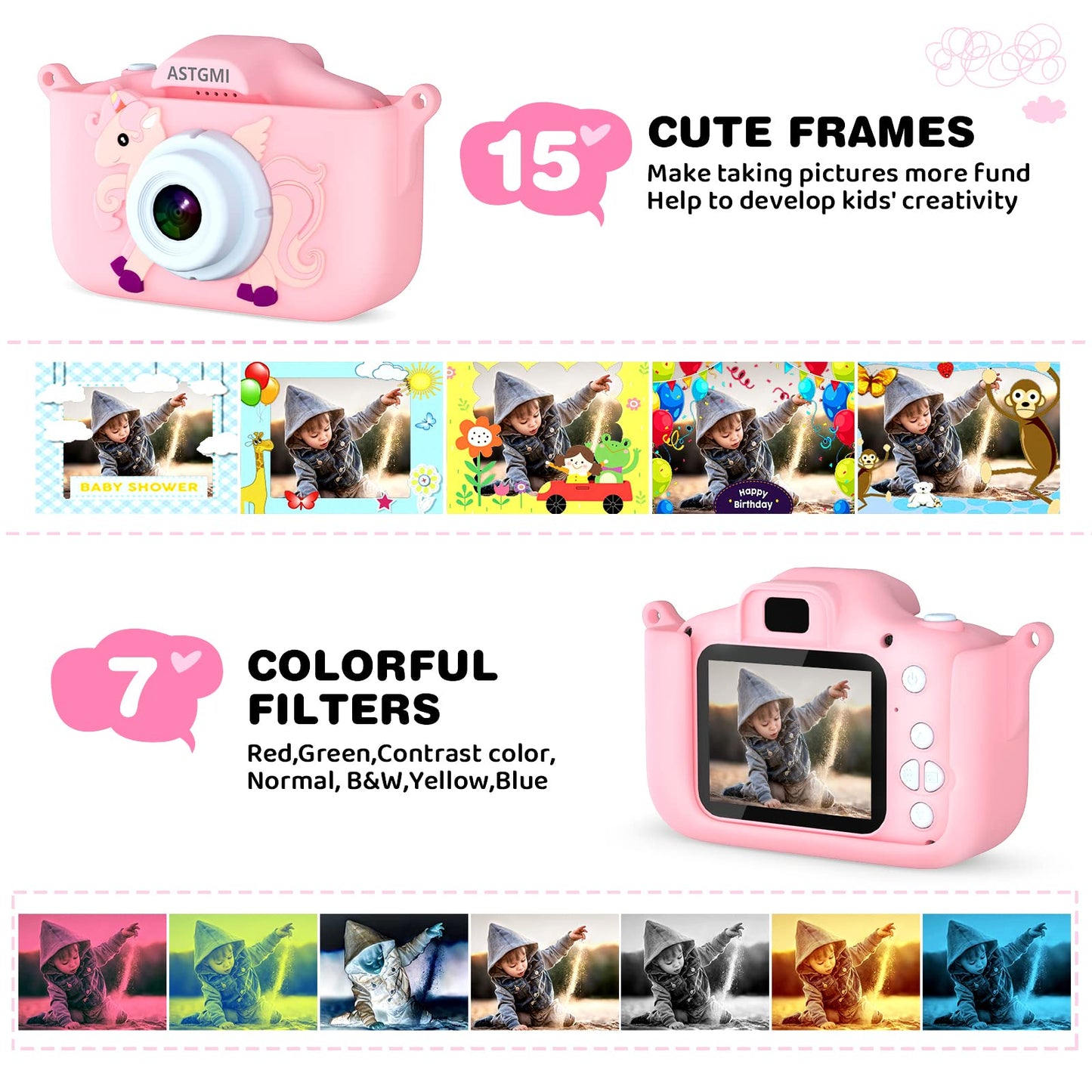 ASTGMI Kids Camera, 2.0 Inch Child Digital Camera, Mini Digital Camera for 3-10 Year Old Boys Girls, 1080P HD Video, 32G SD Card, USB Line