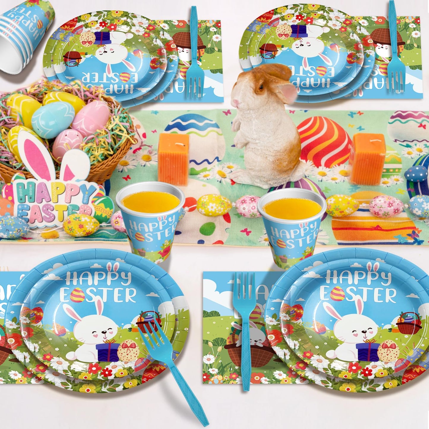 MYFEST 120pcs Easter Plates and Napkins Tableware Set, Happy Easter Disposable Plates Napkins Forks and Cups for Bunny Party Decorations and Supplies