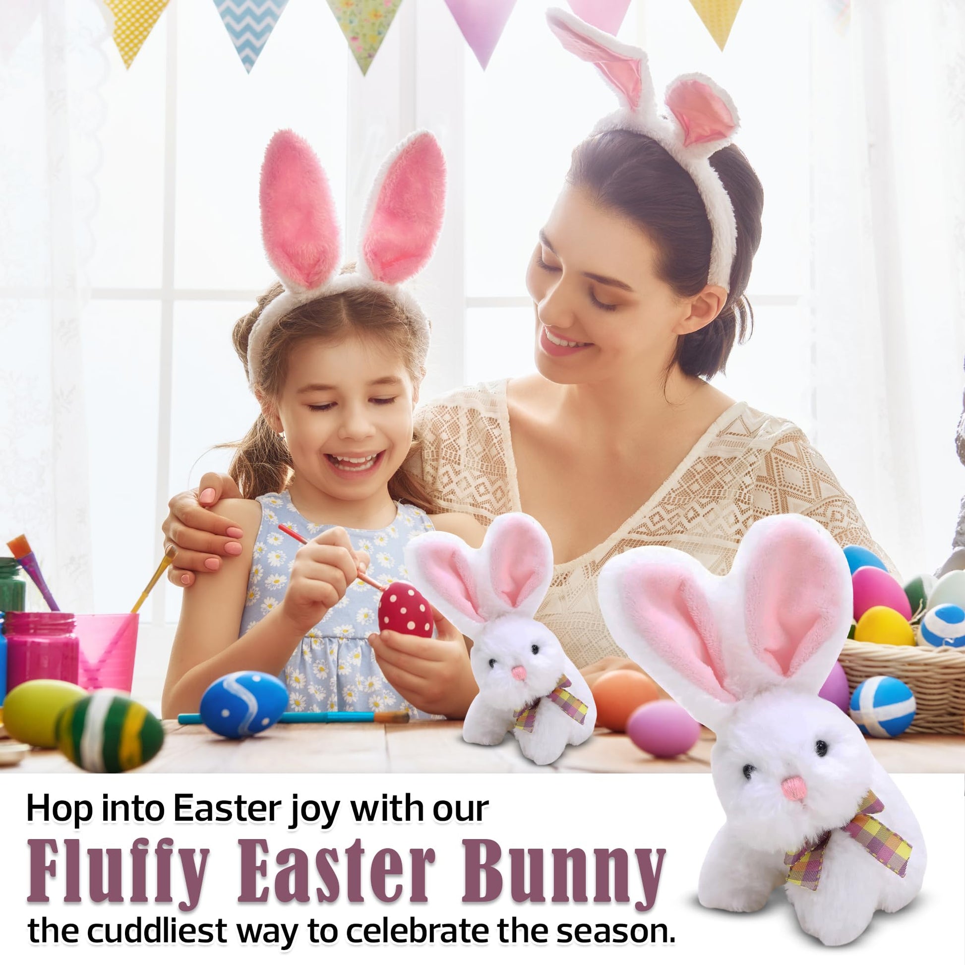 Made By Aliens Fluffy Easter Bunny Stuffed Animal with Bow - Plush Bunny Toy Cute Huggable Rabbit for Kids & Adults on Easter - 6-inch (White)
