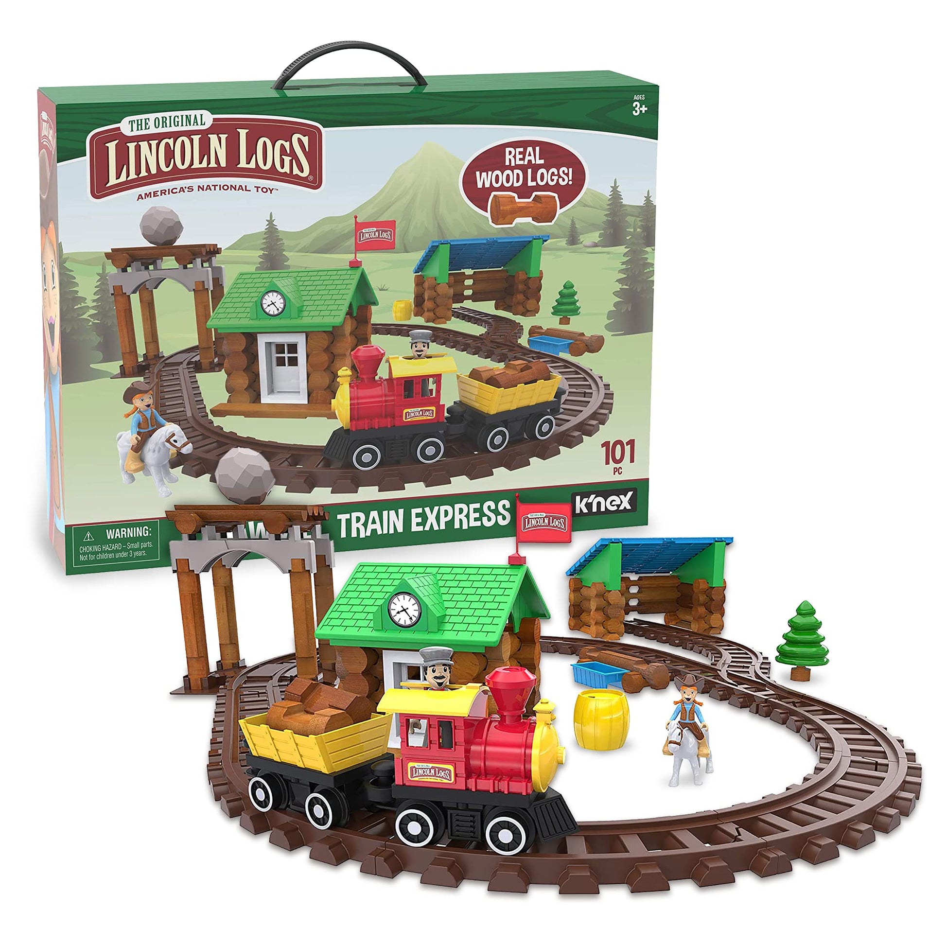 LINCOLN LOGS-Sawmill Express Train - 101 Parts - Real Wood Logs - Buildable Train Track-Ages 3+ - Best Retro Building Gift Set for Boys/Girls-Creative