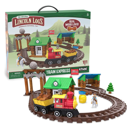 LINCOLN LOGS-Sawmill Express Train - 101 Parts - Real Wood Logs - Buildable Train Track-Ages 3+ - Best Retro Building Gift Set for Boys/Girls-Creative