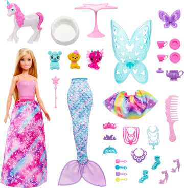 Barbie Dreamtopia Advent Calendar, Fantasy-Themed with 24 Surprises, Daily Toys Include Barbie Fashion Doll, Pets, Clothes & Accessories Like Mermaid