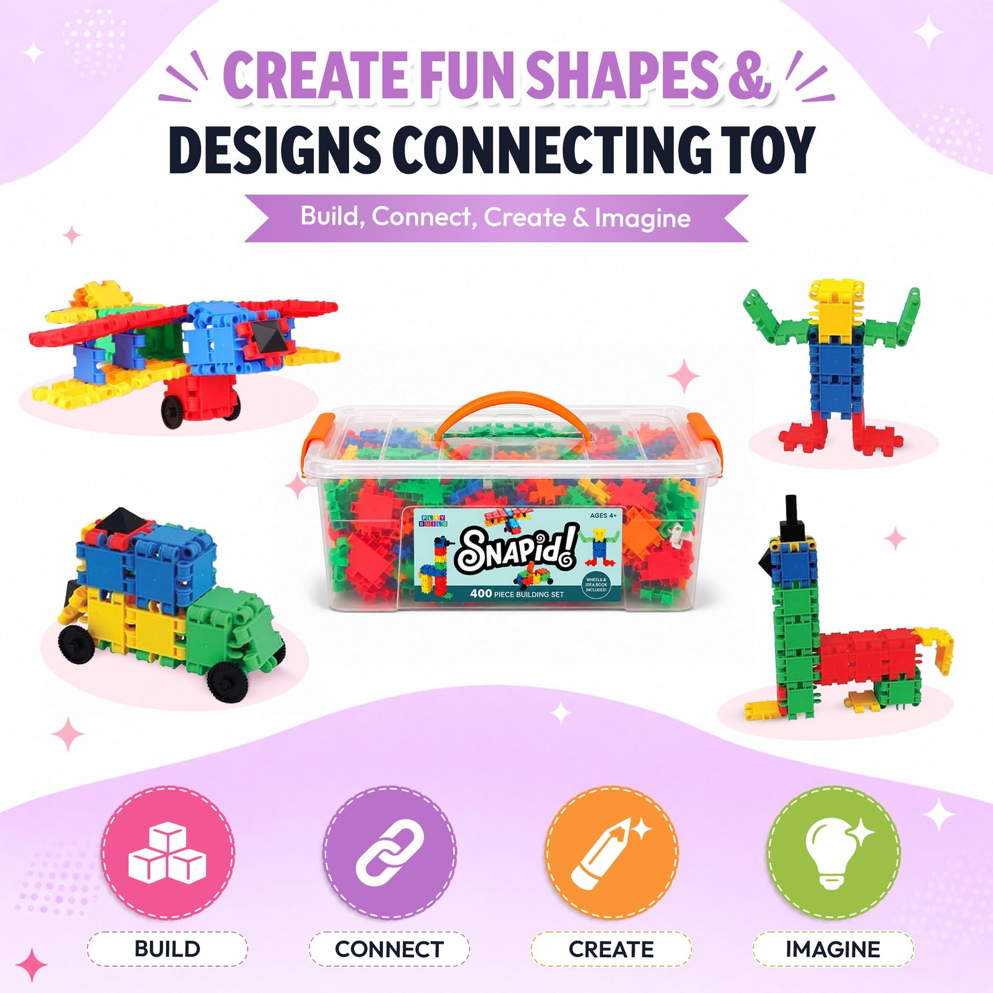 Snapid Building Bricks 400 Pcs Connecting Toy - Strong Durable Colorful Block Set w Storage, Interlinking Construction Blocks for Kids - STEM