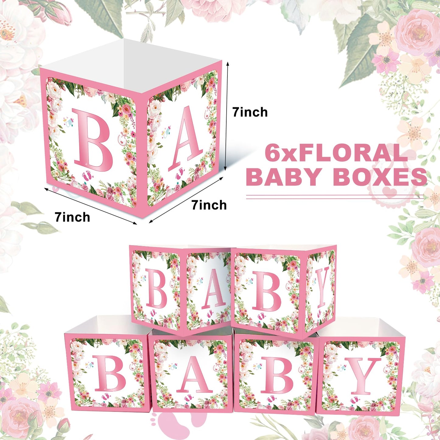 Jremreo 6 Pack 7x7x7 Inches Pink Floral Baby Shower Centerpiece Boxes with 'BABY' Letters, Perfect for Girl Baby Shower, Gender Reveal Party Favors