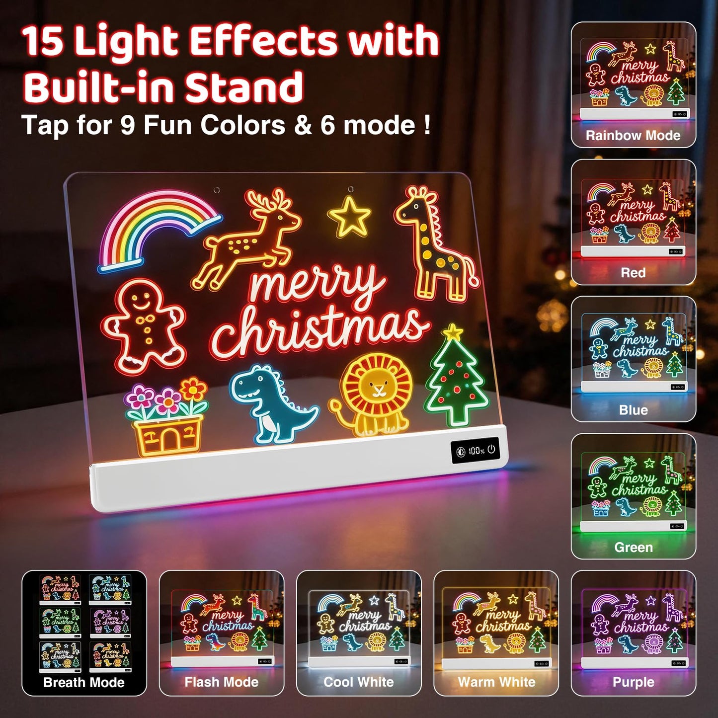 17 Inch Rechargeable LED Drawing Board for Kids, Upgraded 15 Colors Light Up Doodle Pad, Anti-Scratch PVC, Flicker-Free Eye Care, Includes Tracing