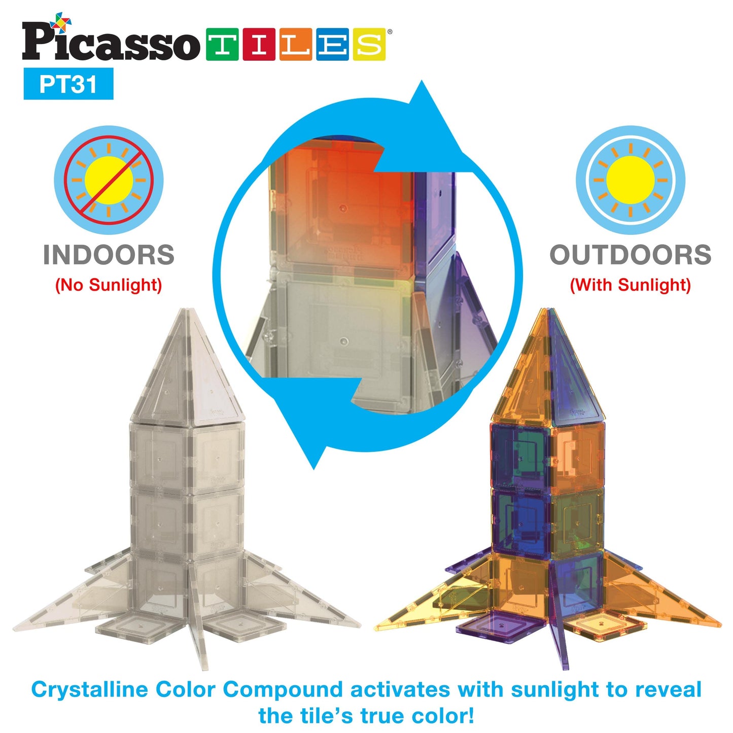 PicassoTiles UV Activated Color Changing Rocket Set Magnet Construction Toy Kit Engineering STEM Learning Playset Child Brain Development Stacking