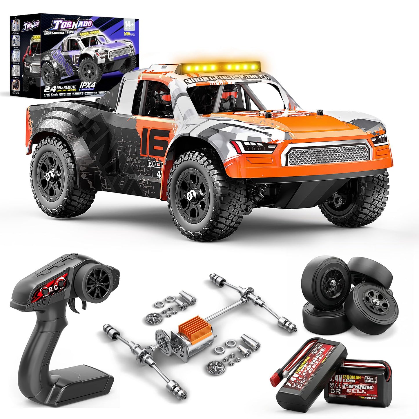 1:16 Beginner RC Cars,4WD Drift All Terrain Remote Control Car Short Course RC Truck, Up to 36 km/h,2.4GHz RTR, 2×7.4V 1300mAh Batteries, 2 Tire Sets