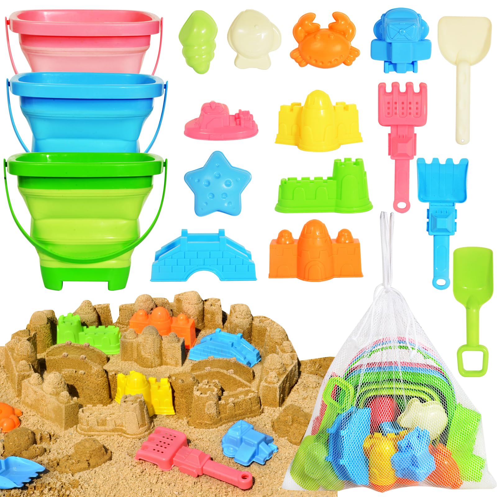 PUBUBLLE Collapsible Beach Sand Toys for Kids Toddlers,Travel Beach Toys with 3 Collapsible Sand Buckets,Shovels,Mesh Bags,Sand Molds,Castle Toys