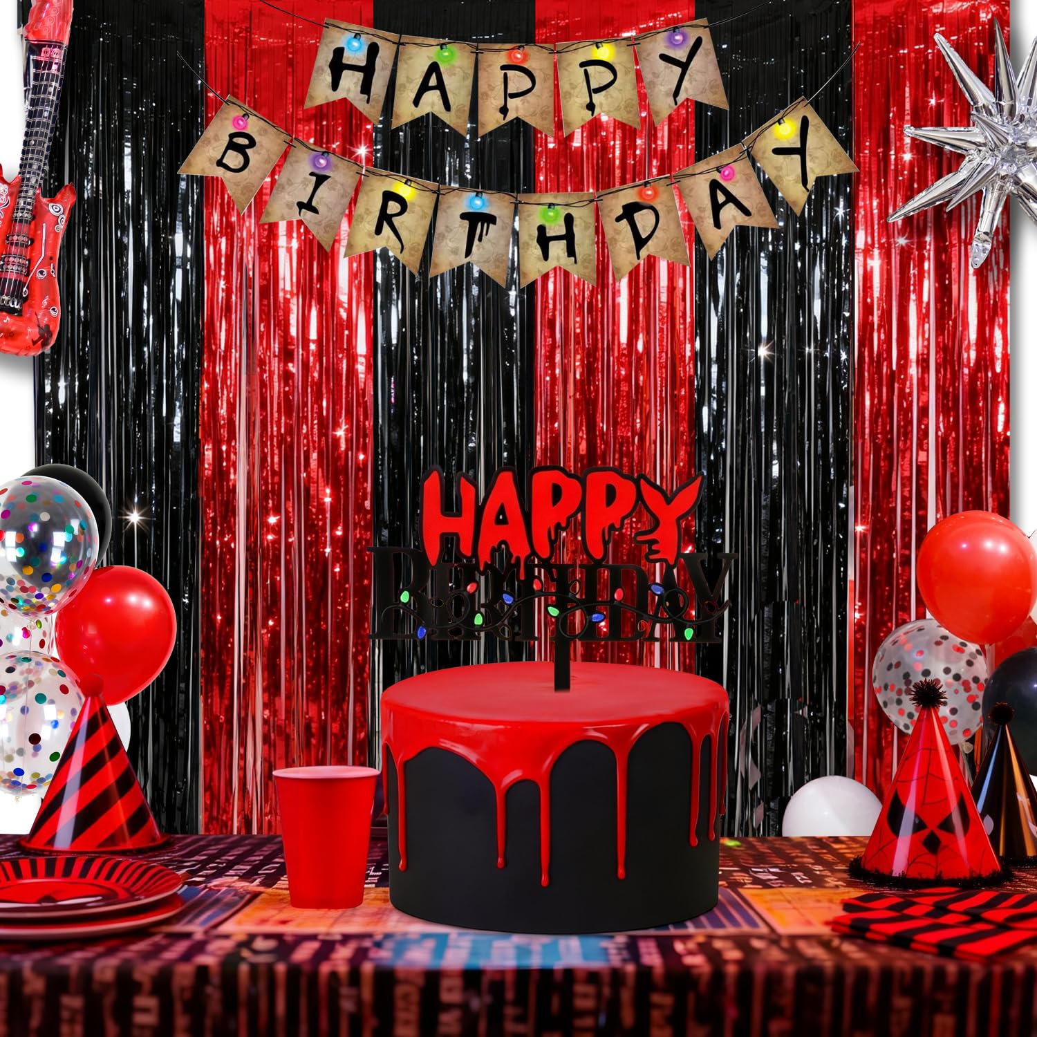 Black Red Party Streamers Backdrop, 2 Pack Black Red Fringe Curtains Tinsel Photo Streamers for Stranger/Friday Party/Halloween Party Decorations