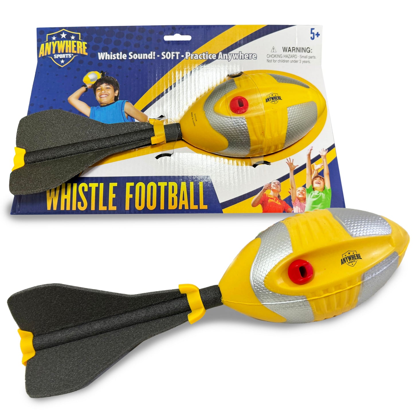 Anywhere Sports Soft Foam Whistle Football (12-Inch Kid Size, Bright Yellow & Silver Trim) - Fun Whistling Sound, Great Practice Ball for Kids