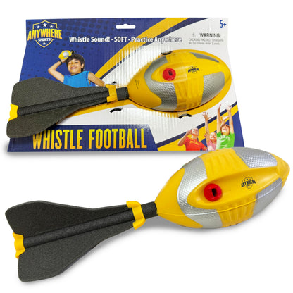 Anywhere Sports Soft Foam Whistle Football (12-Inch Kid Size, Bright Yellow & Silver Trim) - Fun Whistling Sound, Great Practice Ball for Kids