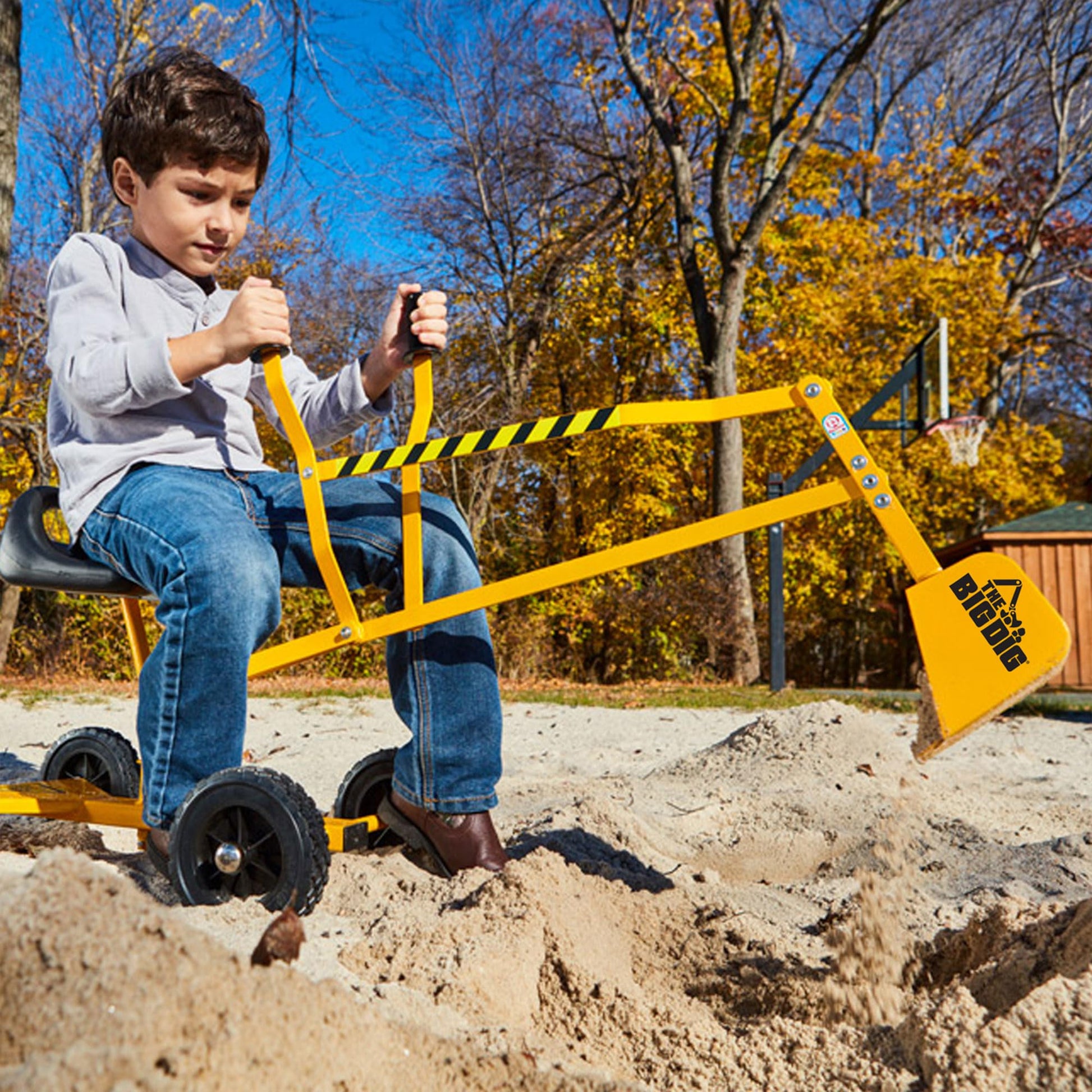 Big Dig Toy Excavator Ride, Sand Digger w/ 360 Rotation Base for Kids Ages 3 & Up, Yellow - Outdoor Playground and Beach Construction Riding Toys