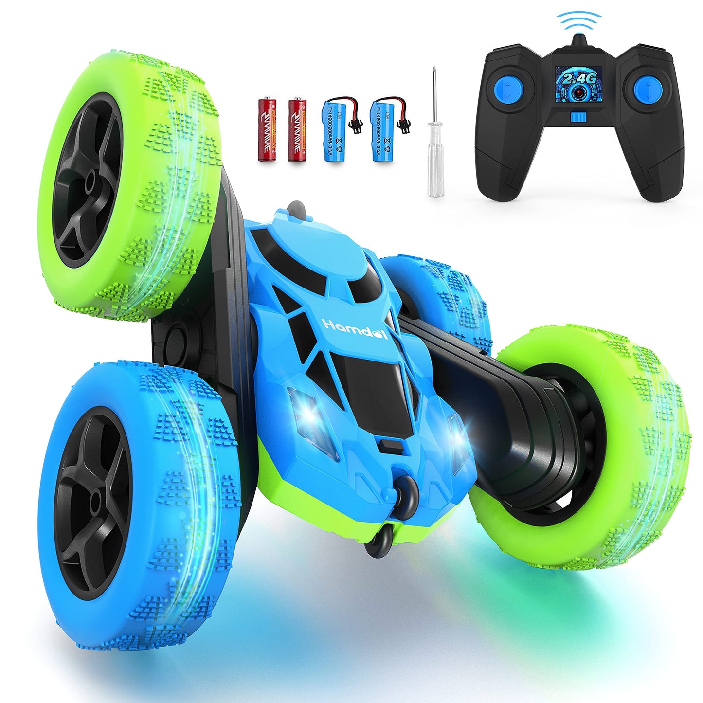 Hamdol Remote Control Car for Kids, 360° Rotating Double-Sided RC Car with LED Headlights, 4WD 2.4GHz Electric Rechargeable Toy Vehicle for Boys