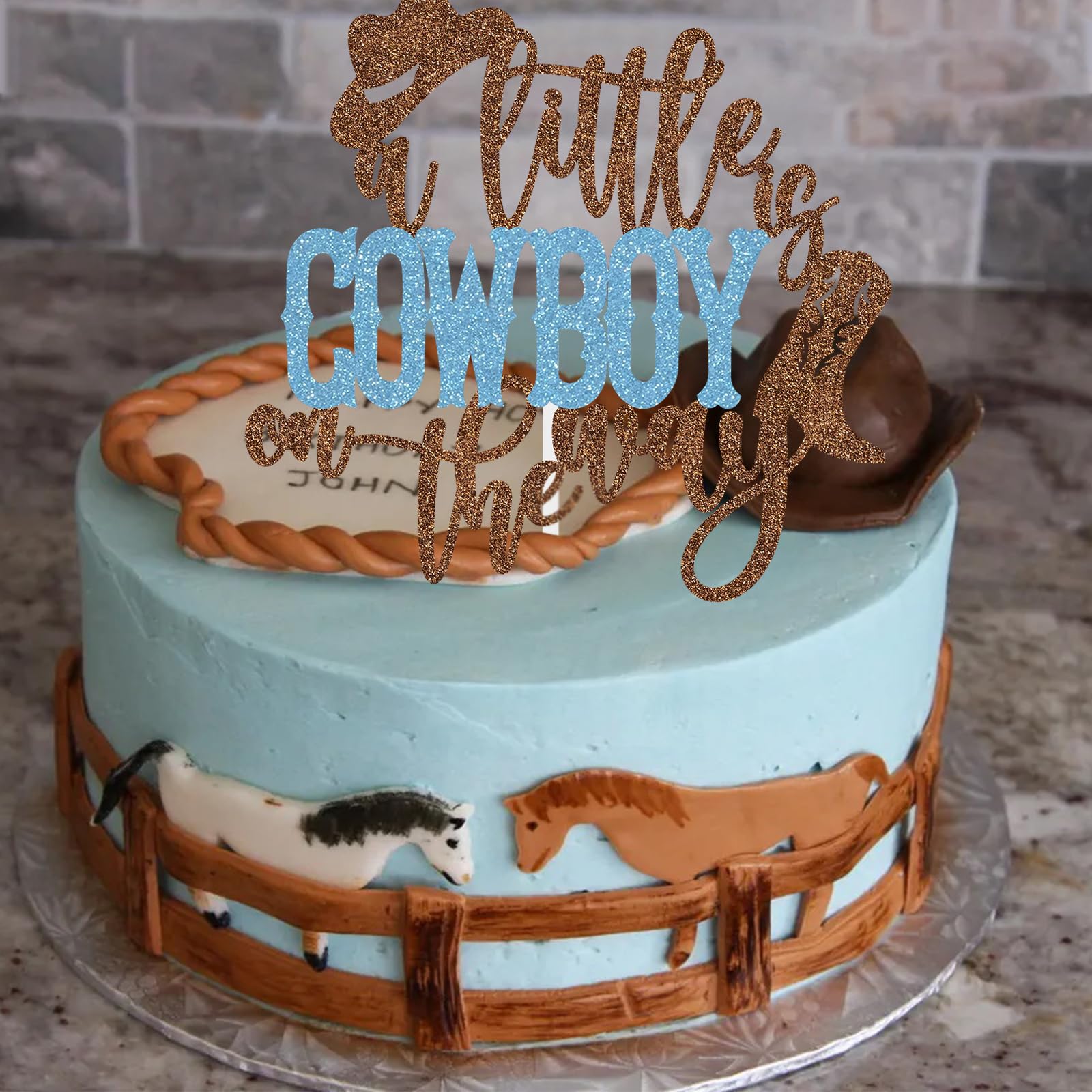 A Little Cowboy Is On The Way Cake Topper Boy Baby Shower Decoration Western Themed Party Supplies Blue