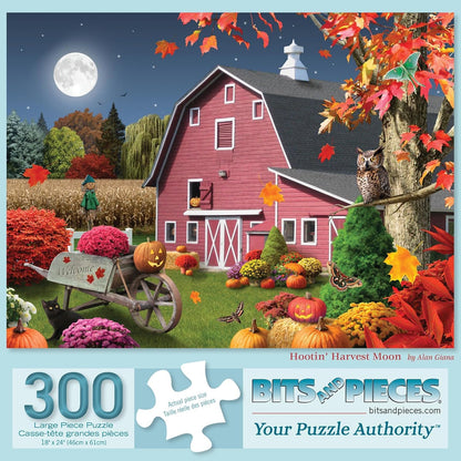 Bits and Pieces - 300 Piece Jigsaw Puzzle for Adults - 18" x 24" - Hootin' Harvest Moon - 300 pc Large Piece Fall Halloween Jigsaw by Alan Giana