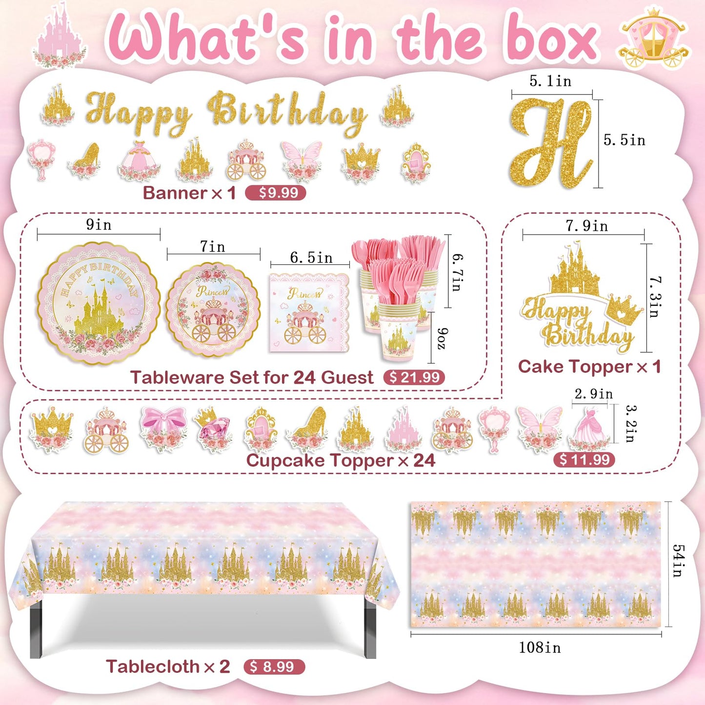 235pcs Princess Birthday Party Decorations, Princess Themed Pink Party Decor, Banner Party Plates Napkins Cups Tablecloths Balloons Cake Toppers