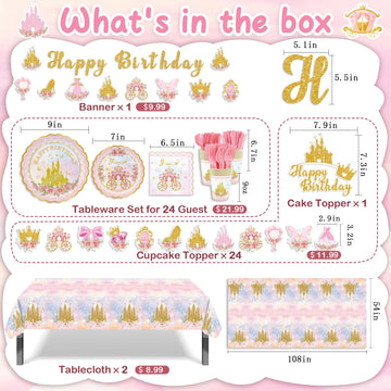 235pcs Princess Birthday Party Decorations, Princess Themed Pink Party Decor, Banner Party Plates Napkins Cups Tablecloths Balloons Cake Toppers
