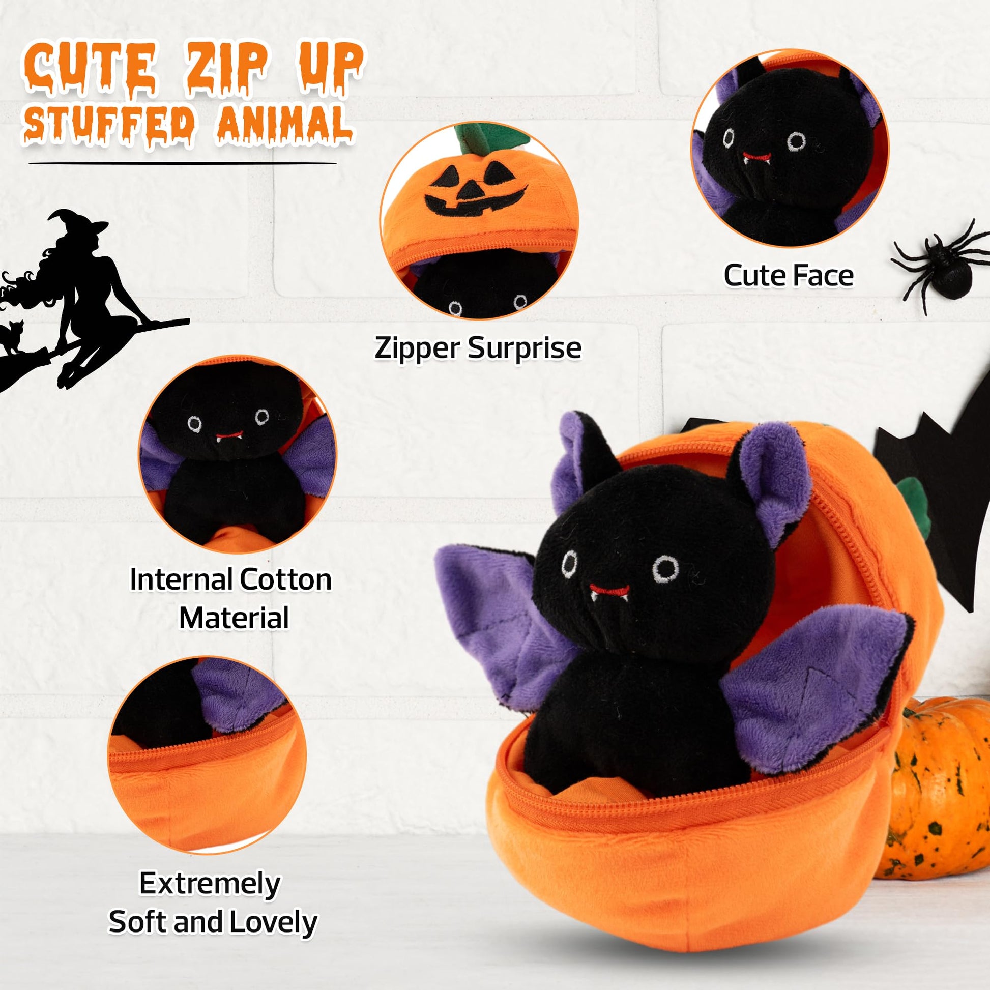 Plushland Halloween Zip-Up Pumpkin Stuffed Animal Plush Toys,Hideaway Spooky Black Cat Bat Ghost Plush Halloween Toy for Festive Decorations & Fun