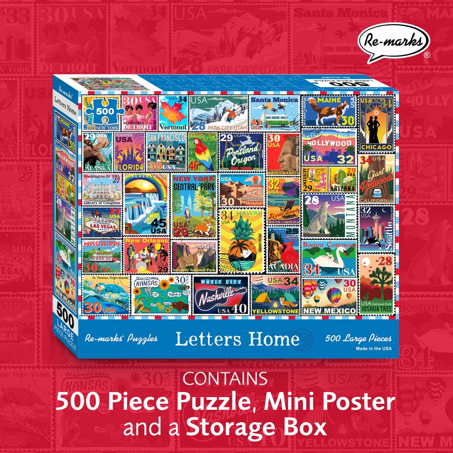 Re-marks Letters Home Stamp Collage Puzzle, 500-Piece Jigsaw Puzzle for All Ages